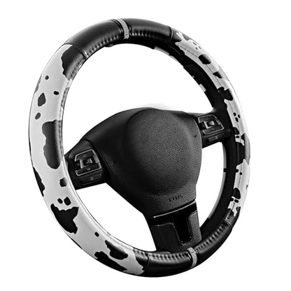 Road Comforts Cow Pattern Steering Wheel Cover - Made with PVC Leather - Anti-Slip, Universal Fit 14 1/2 inches to 15 inches
