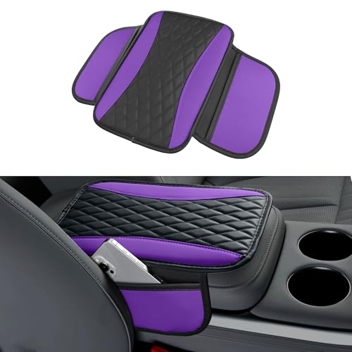 Patchwork Leather Car Center Console Cover,Microfiber Leather Vehicle Armrest Protector Cushion with 2 Storage Bags,Universal Cars Armrest Cushion for SUV, Sedan, Truck (Purple)