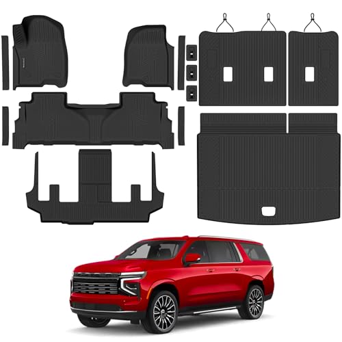 Floor Mats & Cargo Liner & Backrest Mat for 2021-2026 Chevrolet/Chevy Suburban/GMC Yukon XL 7 Seats All Weather Protection TPE Rubber Full Set Automotive Floor Liner Accessories (2nd Row Bucket Seats) - size: Full Set Mats for 2021-2026 Suburban 7 Seats