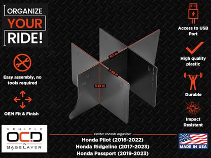 Vehicle OCD - Center Console Organizer for Honda Pilot (2016-2022) / Ridgeline (2017-2023) / Passport (2019-2023) - Made in USA - SLX130 - size: 2016-2023, style: Center Console Organizer