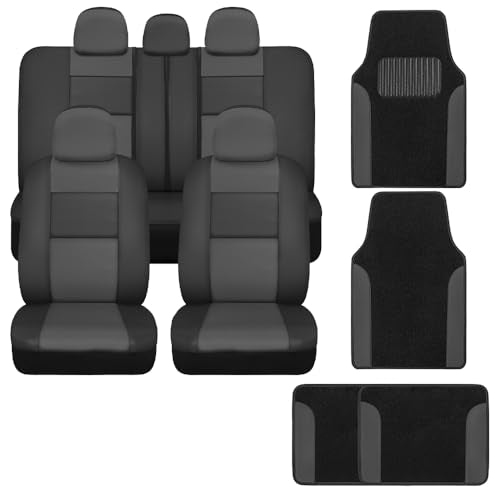 BDK Charcoal Faux Leather Car Seat Covers Full Set with Matching Carpet Car Floor Mats - Universal Front & Back Bench Vehicle Seat Protector & Auto Mats for SUV & Truck Automotive Interior Liner - color: Charcoal