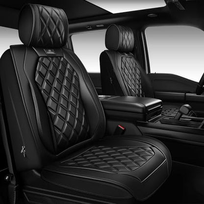 CAR PASS Luxury Nappa Leather Front Seat Covers, Waterproof Lumbar Support Seat Covers, Universal Anti Slip Seat Cushion Fit for Most Sedan SUV Truck Van, Armrest Airbag Compatible Rhomb Pure Black - color: black