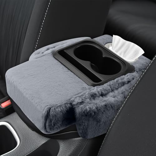 wuyaoyao Car Center Console Armrest Pillow, 13.78"×7.87"×2.76" Soft Plush Arm Rest Cover for Cars, 5-in-1 Warm Fluffy Auto Armrest Cushion Pad w/Pocket, Tissue Box, Cup Holder (Gray) - color: Gray