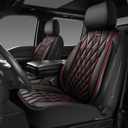 CAR PASS Piping Luxury PU Leather Two Front Car Seat Covers, Waterproof Anti Slip Seat Covers Compatible with Front Seat Armrests,Universal Fit for Suvs,Vans,Trucks,Airbag Compatible(Black and Red) - color: Black and Red, size: Two Front