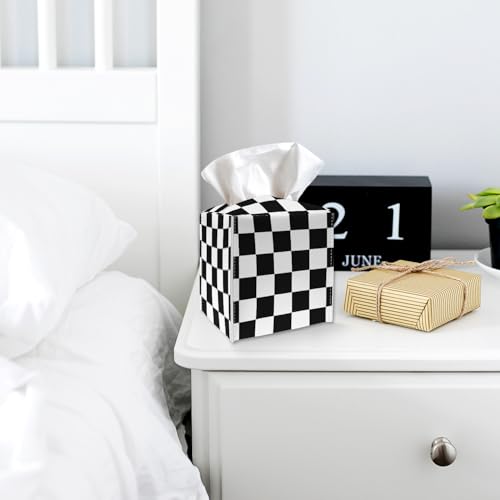 Tissue Box Cover Holder - Black and White Checkerboard PU Leather Tissue Box Cover with Bottom Belt, Square Facial Paper Organizer for Tabletop, Bathroom, Kitchen, Car & Office -049 - color: Black and White Checkerboard