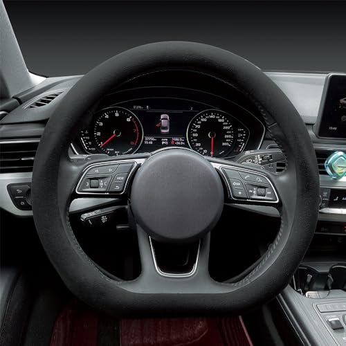 Suede Steering Wheel Cover ， Non-Slip Leather Car Interior Fitting 15-inch Universal（D-Shape,Black）