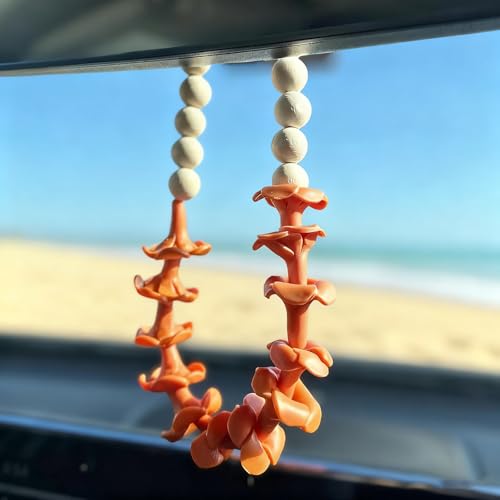 YTYAB Hawaiian Car Leis Decor,Flower Rear View Mirror Hanging Accessories,Cute Polymer Clay Charm,Boho Beach Coastal Theme Pendant,Interior Aesthetic Fun Wood Beads Ornament for Women（Orange）