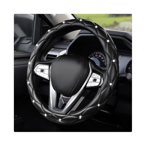 Bling Car Steering Wheel Cover, 15 Inch Diamond Leather Anti-Slip Auto Steering Wheel Protector, Cute Sparkly Rhinestones Wheels Cover Automotive Decoration for Women Girl (Black) - color: Black