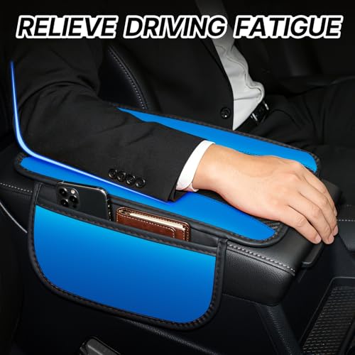 Car Center Console Cover with Side Storage Pockets, Patchwork Leather Armrest Pad with Carbon Fiber Texture, Non-Slip Auto Armrest Cushion Protector for Most Cars, Vehicles, SUVs (Blue)