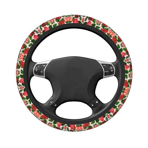 Cute Strawberry Print Neoprene Steering Wheel Cover Pink Steering Wheel Protector Universal Fit 14-15.5 inches Car Accessories Anti Slip and Washable - color: Cute Strawberry