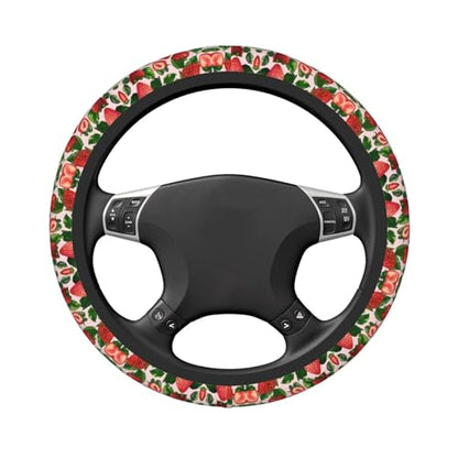 Cute Strawberry Print Neoprene Steering Wheel Cover Pink Steering Wheel Protector Universal Fit 14-15.5 inches Car Accessories Anti Slip and Washable - color: Cute Strawberry