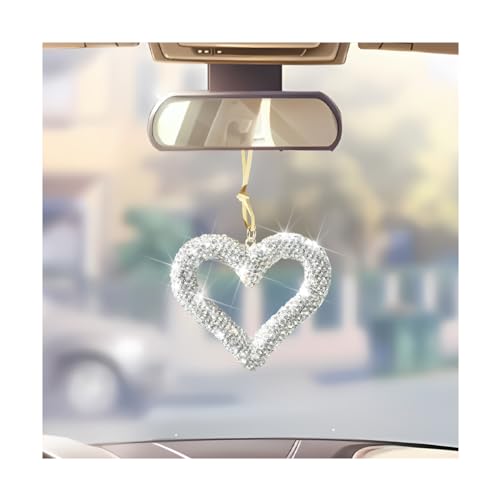Bling Heart Car Hanging Accessories, Crystal Rhinestone Vehicle Rear View Mirror Charm Pendant Ornaments, Cute Diamond Auto Interior Hanger Decoration for Women Girls（Silver） - color: Silver