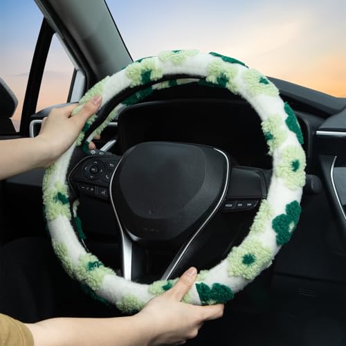 Green Plush Flowers Steering Wheel Cover Auto Jacquard Steering Wheel Protector, Anti-Slip, Breathable, Absorbing Sweat, Universal Car Accessories 14.5–15 inch,Fit for Most Car, Trucks, SUV - style: Green Plush Flowers