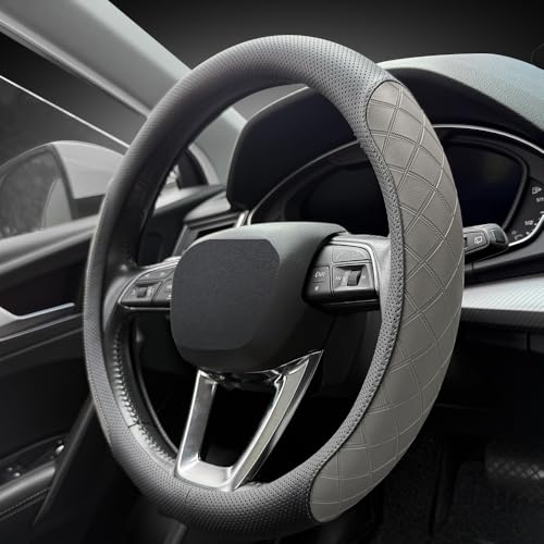 Nappa Leather Steering Wheel Cover,Elegant Diamond Checkered Design, Non-Slip wear-Resistant, Enhance Driving Comfort, Suitable for Steering Wheel Diameter 14 1/2‘-15’ Models.Black Gray - color: Black Gray