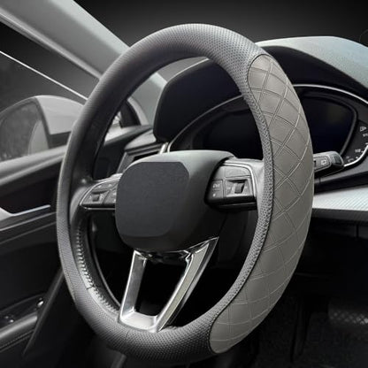 Nappa Leather Steering Wheel Cover,Elegant Diamond Checkered Design, Non-Slip wear-Resistant, Enhance Driving Comfort, Suitable for Steering Wheel Diameter 14 1/2‘-15’ Models.Black Gray - color: Black Gray
