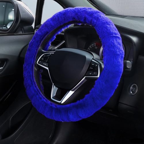 Furry Car Steering Wheel Cover, Heat Absorbing Fluffy Soft Warm Plush Non-Slip, 14 1/2-15 inch, for Women Girls, Blue - color: single cover - blue