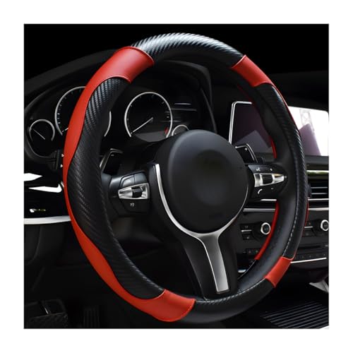 Car Steering Wheel Cover, 15 Inch Carbon Fiber Leather Stitching Color Steering Wheel Protector, Anti-Slip Elastic Breathable Steering Wheel Cover Stylish Decor for Most Cars (Black&Red)