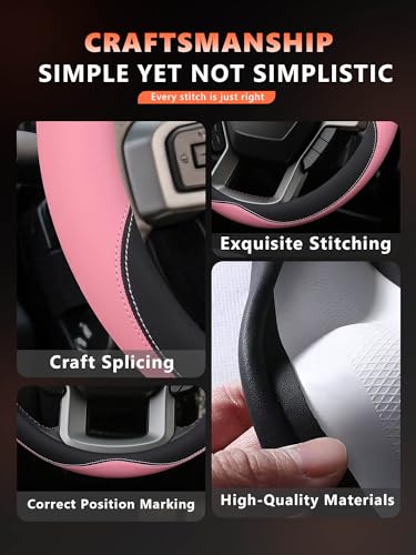 Leather Steering Wheel Cover for Ford F150/F250/F350, 15.5-16 Inch Truck Steering Wheel Grip, Breathable & Anti-Slip, Premium Semi Car Accessories (Pink) - color: Pink