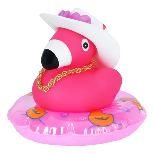1pc Flamingo Rubber Duck with Cowboy Hat, Sunglasses, Gold Chain & Swim Ring - Dashboard Duck for Car, Home Office Desk, Party Gift for Adults - color: Style19