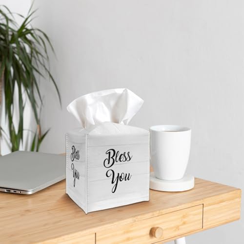 Tissue Box Cover Holder - Bless You PU Leather Tissue Box Cover with Bottom Belt, Square Facial Paper Organizer Dispenser for Tabletop, Bathroom, Kitchen, Car & Office -026 - color: Bless You