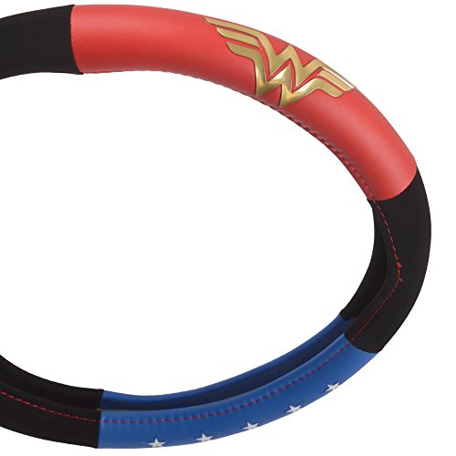 BDK Wonder Woman Steering Wheel Cover - Synthetic Leather - Stars & Gold Logo - Fits All Standard Size Wheel 15 Inch, Model Number: WBSW-1904 - style: Wonder Woman - Three tone
