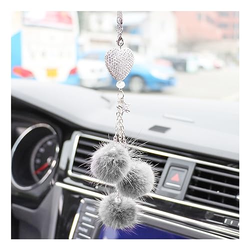 Ziciner Bling Diamond Heart Car Interior Accessories, Mirror Hanging Ornament for Women, Love Heart & Pink Plush Ball Decor Ornament Pendant, Hanging Decoration Charm (Grey) - color: Grey
