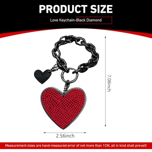 Cute Heart Keychain, Pretty Bling Key Chain Accessories, Sparkling Diamond-Studded Microfiber Leather Car Keyring Wristlet - color: Red