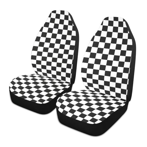 Checkered Car Seat Covers Set of 2,Geometric Checkered Plaid Pattern Black White Car Racing Sports Chess Board Universal Front Seat Protector for Women Men Cute Car Accessories for Trucks - color: Black White