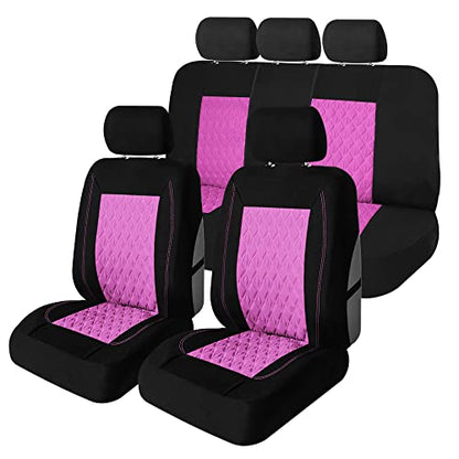 Universal Fit Diamond Stitched Flat Cloth Car Seat Covers Full Set - Pink - color: Pink