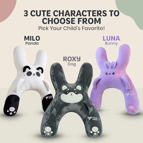 Kids Car Sleeping Pillow - X-Shaped Plush Animal for Neck & Back Support - Hands & Seat Belt Slot - Machine Washable & Compressible - Perfect for Car, Plane, Train, Boat & More - Grey