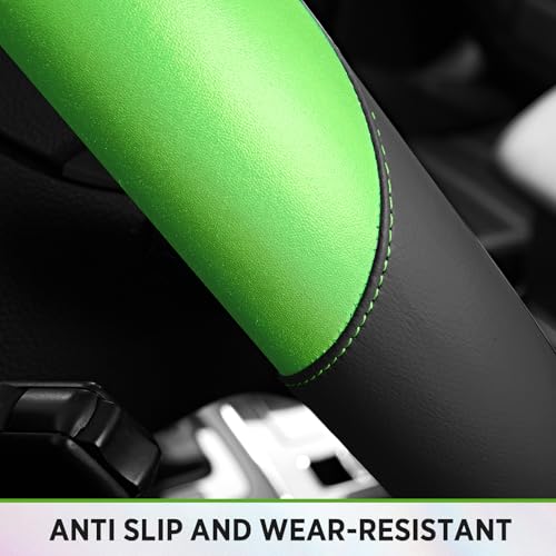 Road Comforts Steering Wheel Cover – Breathable Leather Steering Wheel Cover, Anti-Slip Grip, Universal Fit 14.5” to 15”, Heat & Cold Resistant for Cars, SUVs, and Trucks – Black & Shining Green - color: Black&Green