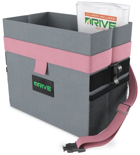 Drive Auto Car Trash Can - Leakproof, Hanging Garbage Bin with 20 Trash Bags and Pink Adjustable Strap - Truck & Car Accessories for Men and Women - Grey with No Lid - color: Grey/Pink, size: 2 gallons