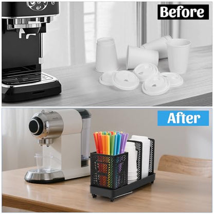 Coffee Cup Dispenser with Straws Holder, Plastic Coffee Cup and Lid Holder, 5-20oz Disposable Paper Cups Organizer for Countertop, Station, Bar, Office, Restaurant, Breakroom(3 Compartments)