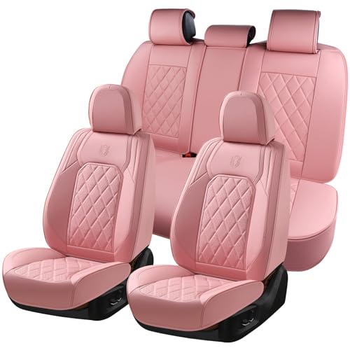 Coverado Car Seat Covers Full Set, Pink Leather Seat Covers for Cars, Universal Waterproof Car Seat Cover, Luxury Front and Back Car Seat Protector, Automotive Seat Covers Fit for Most Cars, Pink - color: A-Pink, size: Full Set