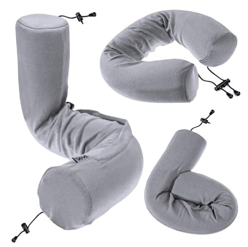 Dot&Dot Twist Memory Foam Travel Pillow for Airplanes - Travel Neck Pillow for Sleeping - Airplane Pillow for Neck Support, Chin, Lumbar and Leg - Adjustable, Bendable Neck Roll Pillow - Gray - color: Gray, size: Adjust (26" w/ cord)