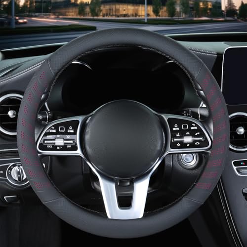 3D Premium Skin-Feel Leather Car Steering Wheel Cover, Anti-Slip Breathable Soft Slim Design, Universal 15 inch, Black with Red - color: Black with Red, size: Round-Medium[14.5''-15'']
