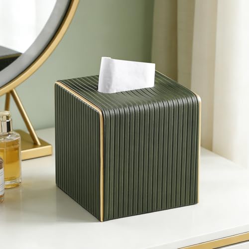 PU Leather Tissue Box Cover Square Tissue Box Holder with Magnetic Closure (Green Fluted) - color: Green Fluted