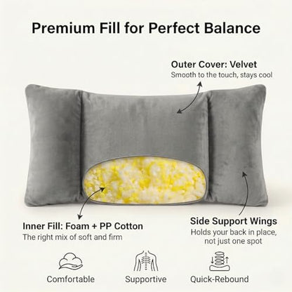Sofa-Level Lumbar Support Pillow for Car Seat, Plush Velvet Back Cushion with 3-Zone Support, Soft & Supportive Lumbar Pillow for Driving, Office Chair, Home Decor (Gary)