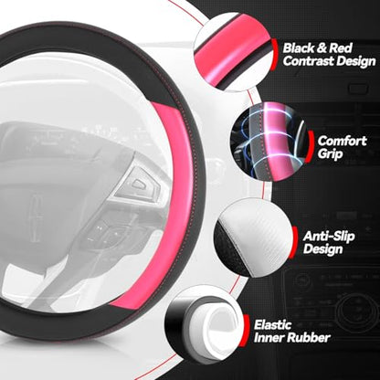 Auto Dynasty Steering Wheel Cover, Breathable Microfiber Leather Car Steering Wheel Protector with Black Red Contrast Stitching, Anti-Slip, [14 1/2 to 15 Inches] Universal Fit Cars Trucks SUVs - color: Contrast Red