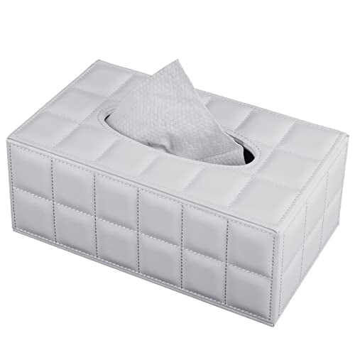 Tissue Box Cover Rectangle Tissue Box Holder PU Leather Facial Organizer with Magnetic Bottom,Decorative Napkin Caddy for Vanity Dresser Night Stand Table Countertop Home Office Car,White - color: Rectangular Tissue Box-white Grid