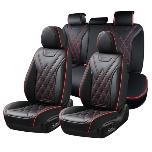 Coverado Car Seat Covers Full Set, Seat Covers for Cars, Waterproof Leather Automotive Seat Cover, Universal Car Interior Protectors Cushion for Most Cars - color: Black_Redline, size: FullSet
