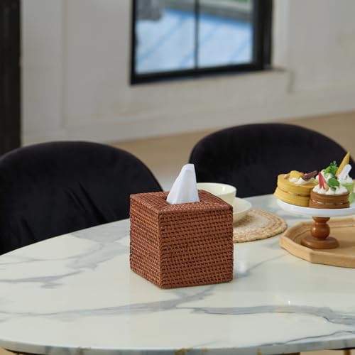 Square Rattan Tissue Box Cover, Hand Woven Wicker Tissue Holder, 5.5 x 5.5 X 5.7 inches, Honey Brown - color: Honey Brown, size: Square (5.7"H)