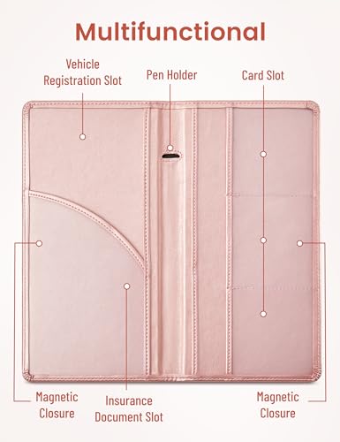 Yarnic Car Registration and Insurance Holder, Car Document Holder with Magnetic Closure, Car Wallet for Driver License, Cards and other Essential Documents (Rose Gold) - color: rosegold
