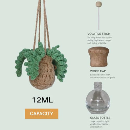 ROFIGL Handmade Crochet Hanging Car Air Freshener - Botanical Fern Leaf Design with 12ml Refillable Glass Essential Oil Bottle, Long-Lasting Car Diffuser & Nature-Inspired Decor - style: Fern