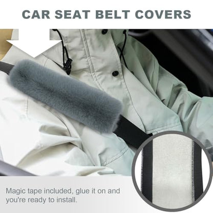 5PCS Fluffy Car Steering Wheel Cover Set, Includes Faux Fur Gear Shift Cover & Handbrake Cover & Steering Wheel Protector & 2 Seat Belt Shoulder Pads, Winter Fuzzy Warm Car Accessories (Grey) - color: Grey