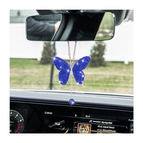 zipelo Bling Butterfly Diamond Car Accessories, Crystal Car Rear View Mirror Charms for Women, Car Decoration Lucky Gifts Hanging Interior Crystal Ornament Pendant Decor for All Cars (Dark Blue) - color: Dark Blue