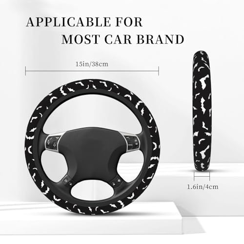 Halloween Cool Black Bat Car Steering Wheel Cover,Non-Slip Elastic Neoprene-Sweat Car Accessories,Universal 15 Inch Fit Auto, Vans Trucks,Suvs, Truck - color: Halloween Cool Black Bat