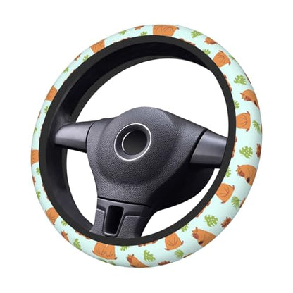 Capybaras and Leaves Steering Wheel Cover for Women Elastic Rubber Steering Wheel Universal 15 Inch Fit for Cars, Auto, SUVs - color: Capybaras And Leaves