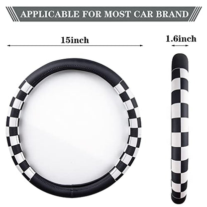 Lattice Leather Steering Wheel Cover, Black and White Checker Car Accessories, Non-Slip and Comfortable Unisex Universal Steering Wheel Cover 15 inch for Women Men (Black and White Checker)