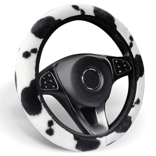 ALEMODR Cow Print Plush Steering Wheel Cover Fluffy Winter Warm Universal 15 inch for Women Girls